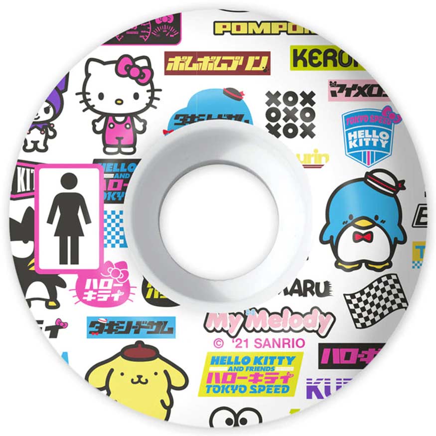 close up of skateboard wheel depicting Sanrio characters such as hello kitty. Also includes the Girl skateboards logo in pink