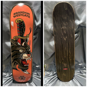 Tattoo flash art style art on skateboard deck depicting a black panther with a knife through the skull. 