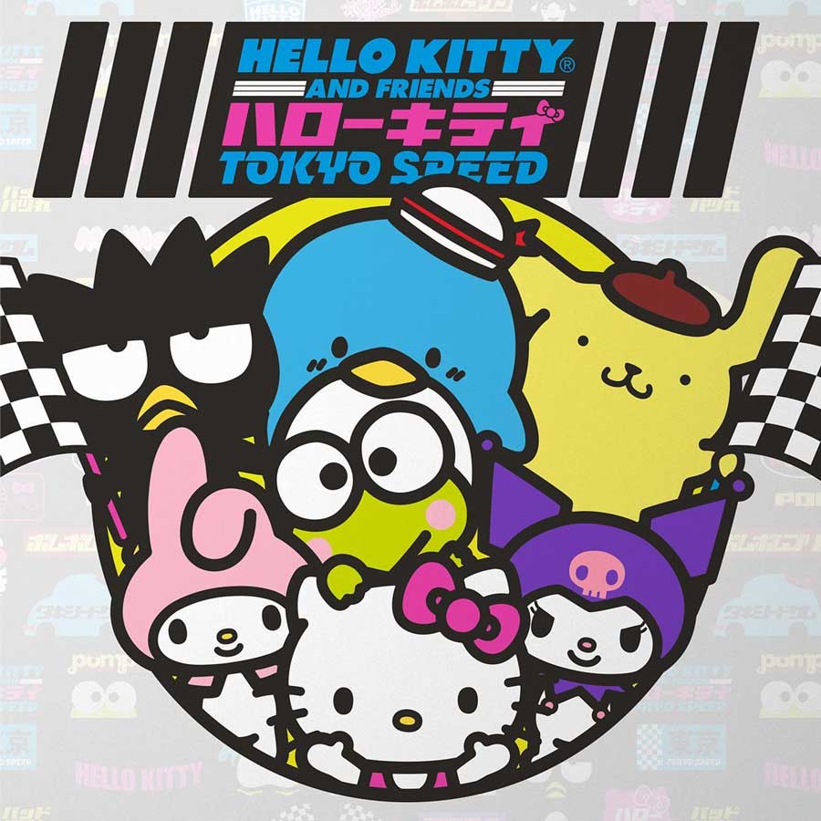 close up of skateboard wheel depicting Sanrio characters such as hello kitty. Also includes the Girl skateboards logo in pink